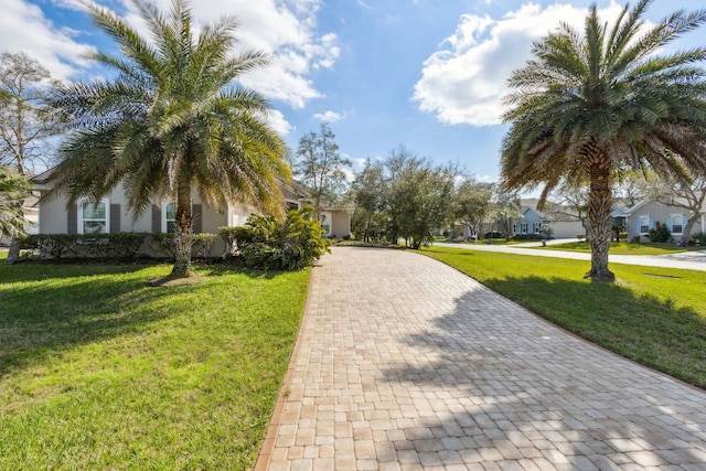 surrounding community featuring decorative driveway, a lawn, and a residential view