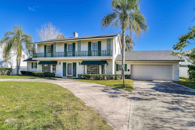 view of front of house with a front lawn and a garage