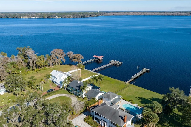 drone / aerial view featuring a water view