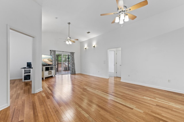 unfurnished living room featuring high vaulted ceiling, light hardwood / wood-style flooring, and ceiling fan