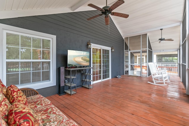 wooden terrace with ceiling fan