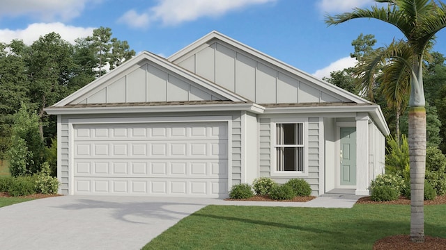 798 Grand Reserve Dr, Bunnell, FL 32110 - view of front facade featuring board and batten siding, concrete driveway, a front yard, and a garage