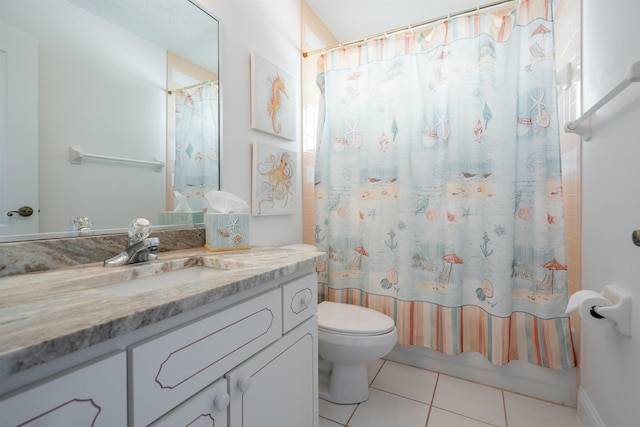 full bath with toilet, tile patterned flooring, shower / bathtub combination with curtain, and vanity