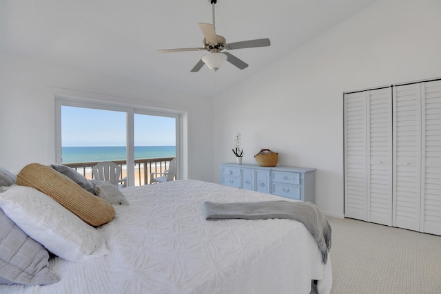 2749 S Ponte Vedra Blvd, Ponte Vedra Beach, FL 32082 - carpeted bedroom featuring vaulted ceiling, access to outside, a water view, and ceiling fan