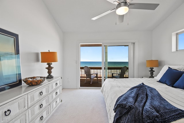 2749 S Ponte Vedra Blvd, Ponte Vedra Beach, FL 32082 - bedroom featuring access to outside, lofted ceiling, carpet flooring, a water view, and a ceiling fan