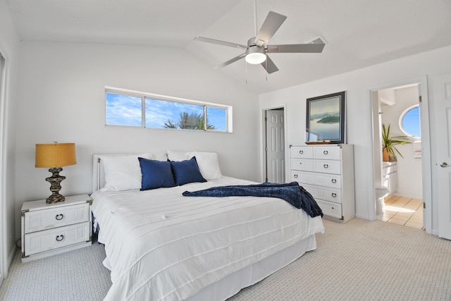 2749 S Ponte Vedra Blvd, Ponte Vedra Beach, FL 32082 - bedroom featuring light colored carpet, lofted ceiling, connected bathroom, and a ceiling fan