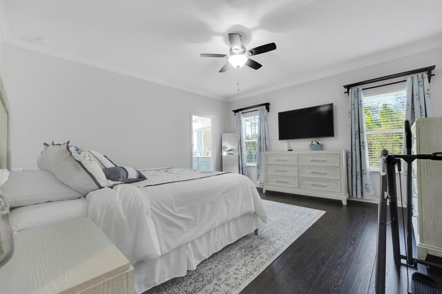 bedroom featuring a ceiling fan, dark wood-style flooring, and crown molding