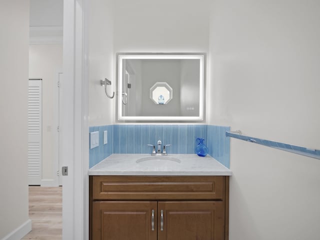 bathroom with vanity and wood-type flooring