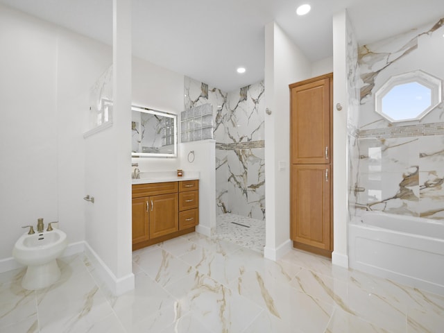 bathroom with independent shower and bath, a bidet, and vanity