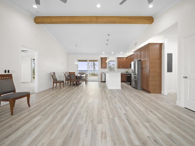 living room with beamed ceiling, electric panel, ceiling fan, and light hardwood / wood-style floors