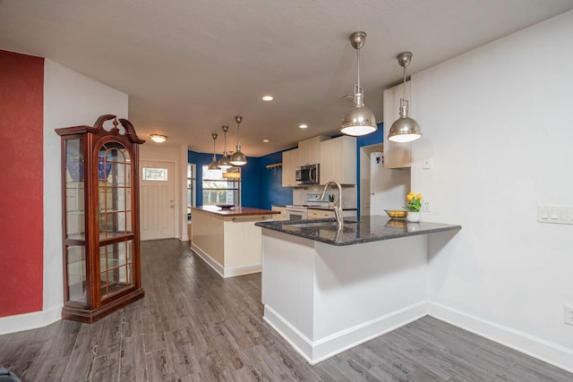 kitchen featuring stainless steel microwave, freestanding refrigerator, dark wood-type flooring, and a sink