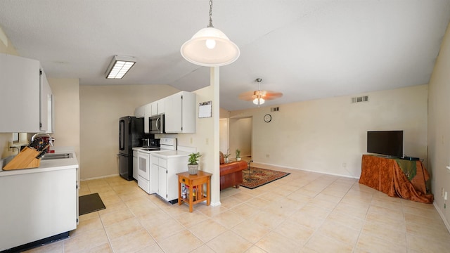 kitchen with lofted ceiling, white cabinets, decorative light fixtures, ceiling fan, and white electric range oven