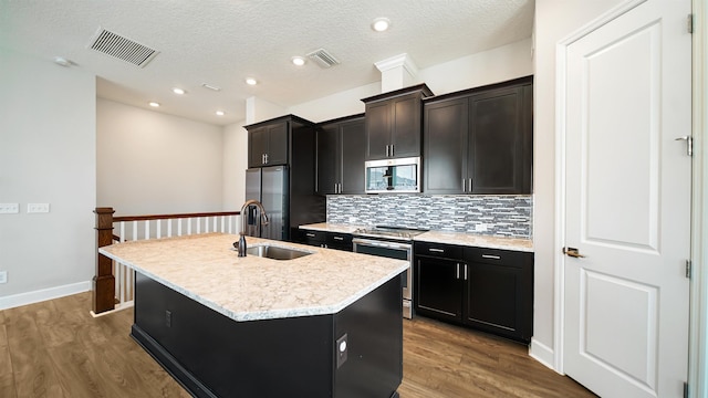 kitchen featuring sink, wood-type flooring, an island with sink, and stainless steel appliances