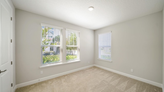 empty room with a textured ceiling and light colored carpet