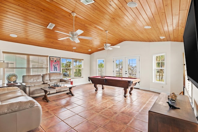 rec room with billiards, tile patterned flooring, vaulted ceiling, french doors, and wooden ceiling