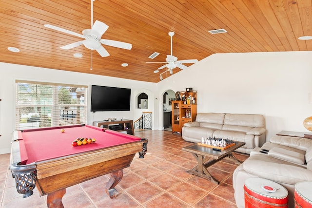 game room featuring lofted ceiling, ceiling fan, tile patterned floors, and wooden ceiling