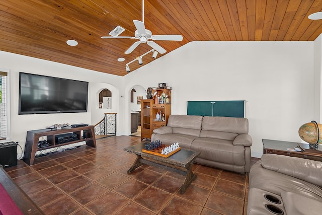 tiled living room with lofted ceiling, ceiling fan, and wood ceiling