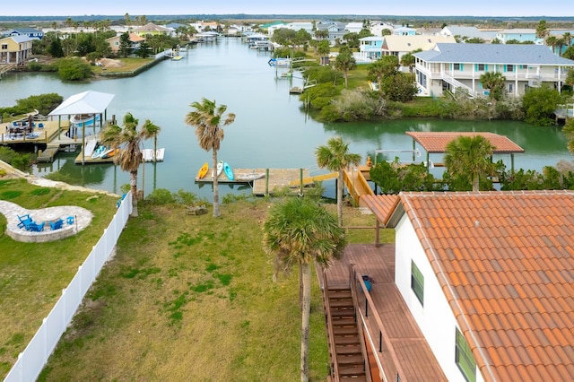 bird's eye view with a water view