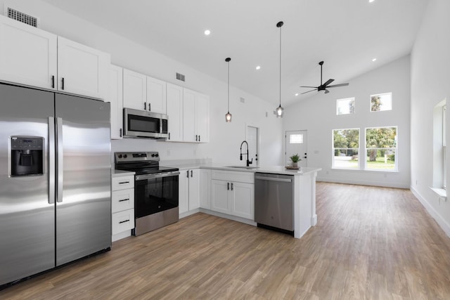 441 S Woodlawn St, Saint Augustine, FL 32084 - kitchen featuring appliances with stainless steel finishes, a ceiling fan, a peninsula, open floor plan, and light wood-type flooring