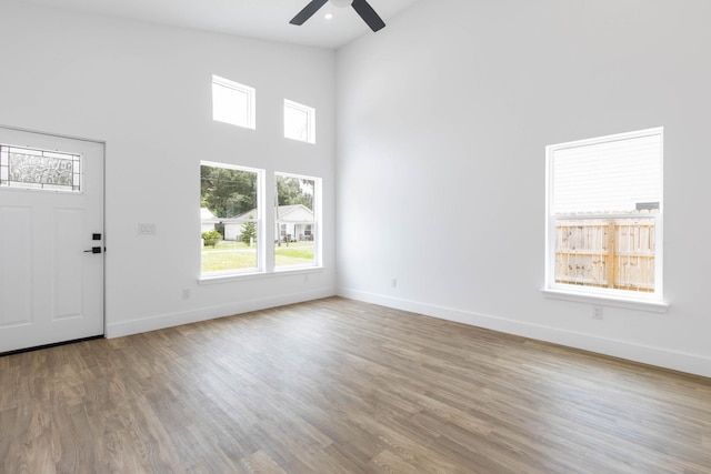 441 S Woodlawn St, Saint Augustine, FL 32084 - entryway featuring high vaulted ceiling, healthy amount of natural light, a ceiling fan, and wood finished floors