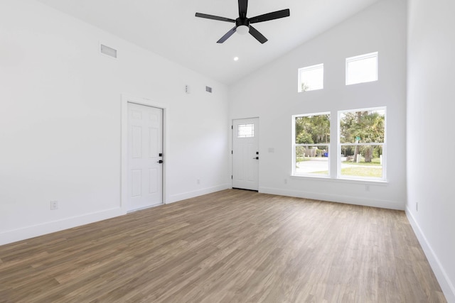 441 S Woodlawn St, Saint Augustine, FL 32084 - unfurnished living room featuring high vaulted ceiling, ceiling fan, wood finished floors, and healthy amount of natural light