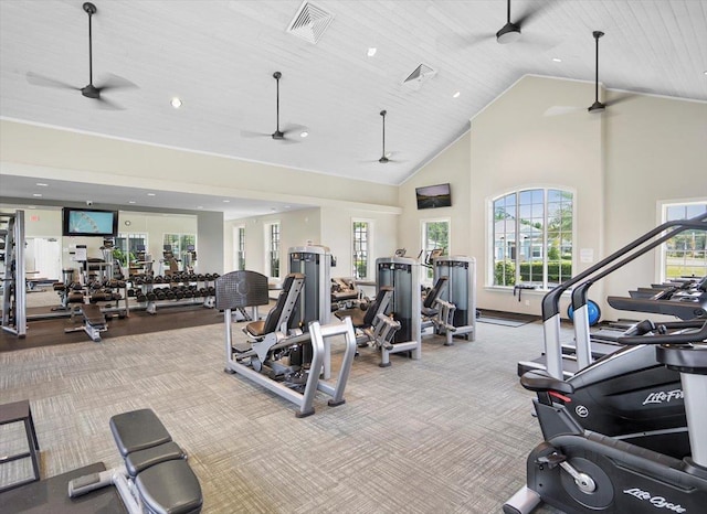 34 Anguilla Blvd, Saint Augustine, FL 32092 - exercise room with high vaulted ceiling, carpet floors, ceiling fan, and recessed lighting
