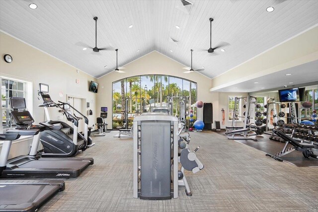 34 Anguilla Blvd, Saint Augustine, FL 32092 - exercise room featuring a ceiling fan, carpet flooring, high vaulted ceiling, recessed lighting, and wooden ceiling
