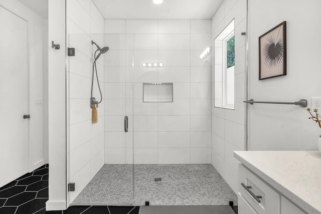 2470 Oleander St, Saint Augustine, FL 32080 - full bath with a shower stall, vanity, tile patterned flooring, and recessed lighting