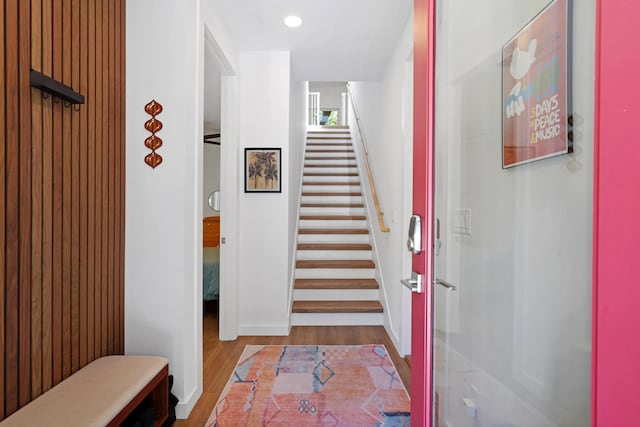 2470 Oleander St, Saint Augustine, FL 32080 - stairway with wood finished floors and recessed lighting