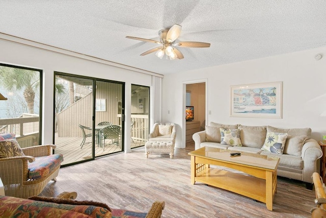 living room with wood-type flooring, a textured ceiling, and ceiling fan