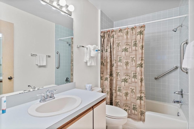 full bathroom with vanity, toilet, and shower / bathtub combination with curtain