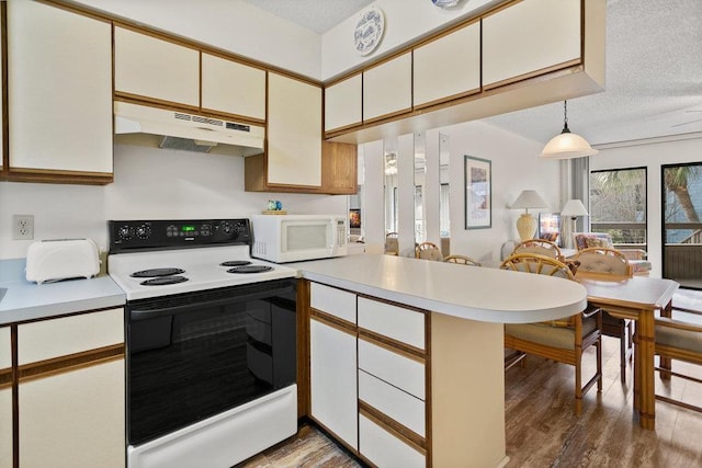 kitchen with a textured ceiling, dark wood-type flooring, decorative light fixtures, and white appliances