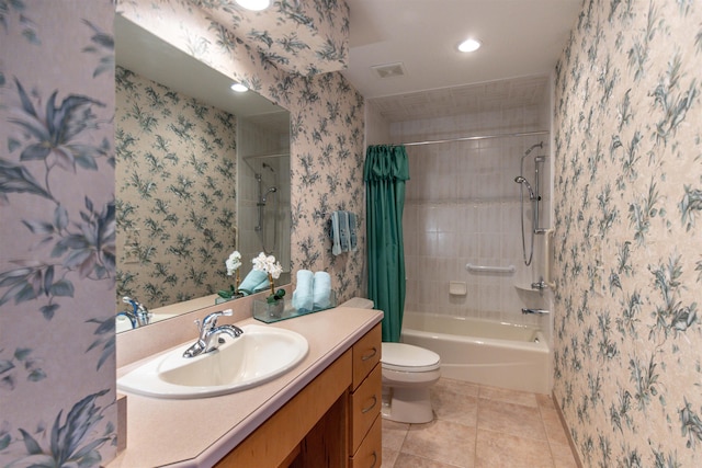 full bathroom with shower / bath combination with curtain, tile patterned floors, vanity, and toilet