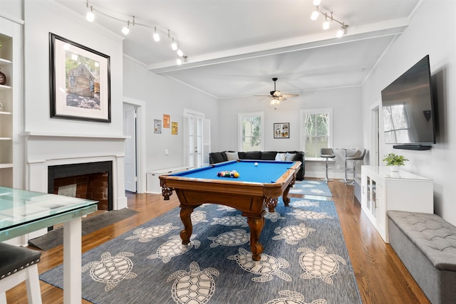 game room featuring ceiling fan, french doors, wood-type flooring, and pool table