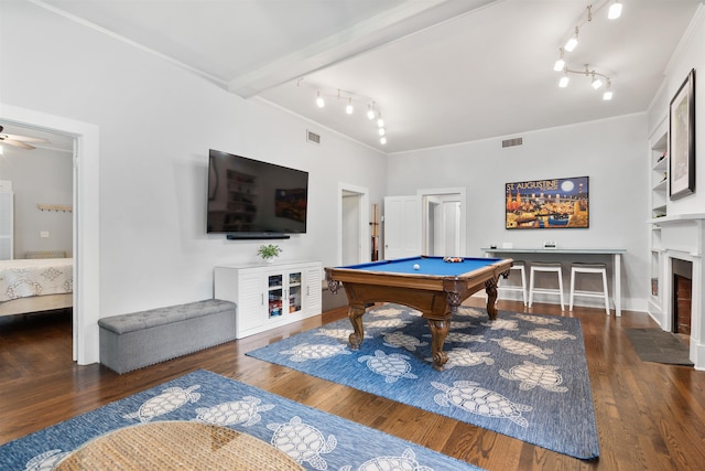 rec room featuring ceiling fan, crown molding, dark wood-type flooring, and pool table