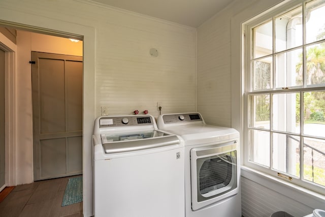 washroom featuring washer and clothes dryer and dark hardwood / wood-style floors