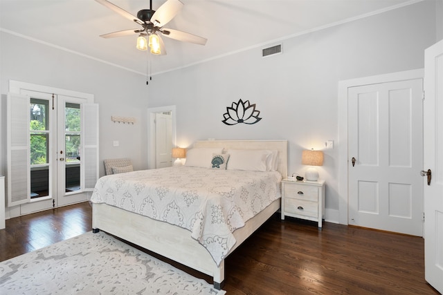 bedroom featuring access to exterior, crown molding, ceiling fan, and dark wood-type flooring