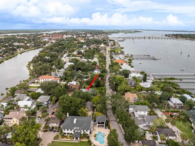 drone / aerial view featuring a water view