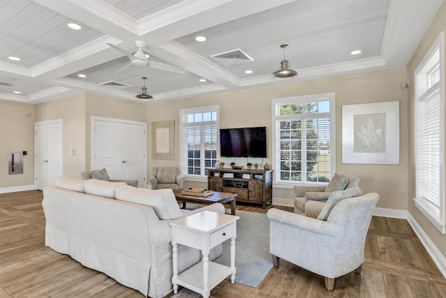 190 River Mist Dr, Saint Augustine, FL 32095 - living room with ornamental molding, coffered ceiling, baseboards, and visible vents