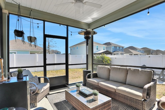 190 River Mist Dr, Saint Augustine, FL 32095 - sunroom featuring an outdoor hangout area, ceiling fan, and a residential view
