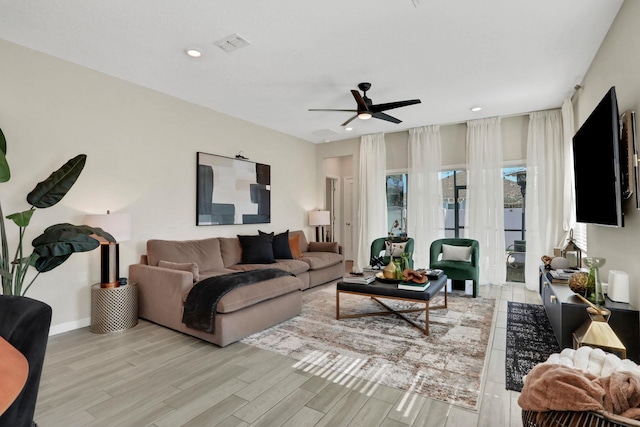 190 River Mist Dr, Saint Augustine, FL 32095 - living room with a ceiling fan, baseboards, visible vents, light wood-style floors, and recessed lighting