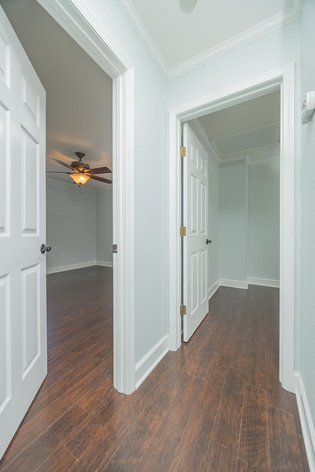 corridor with ornamental molding and dark wood-type flooring