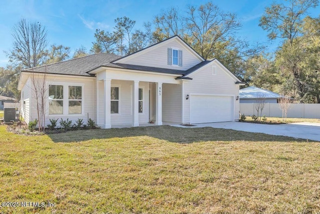 view of front facade featuring a front yard, covered porch, cooling unit, driveway, and fence