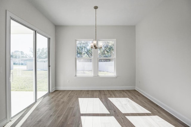 unfurnished dining area featuring a notable chandelier, wood finished floors, and plenty of natural light