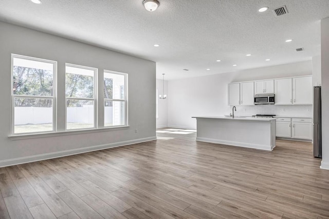 kitchen with a sink, a textured ceiling, light wood-style flooring, and stainless steel microwave