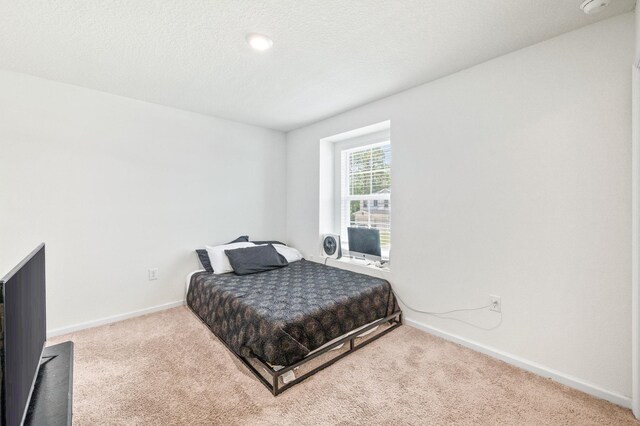 bedroom with carpet and a textured ceiling