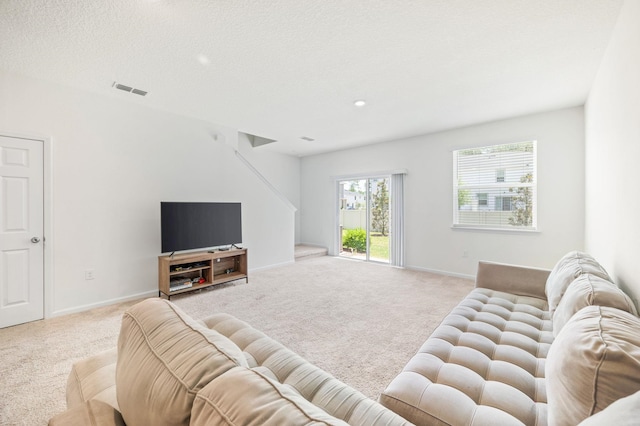 carpeted living room with a textured ceiling