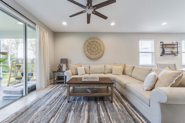 living room featuring ceiling fan