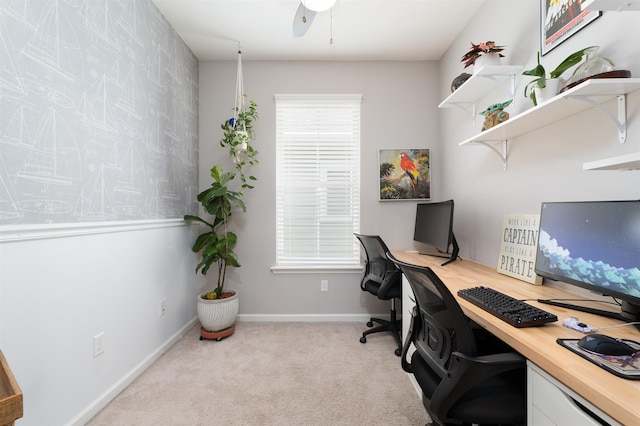 office area with ceiling fan and light colored carpet