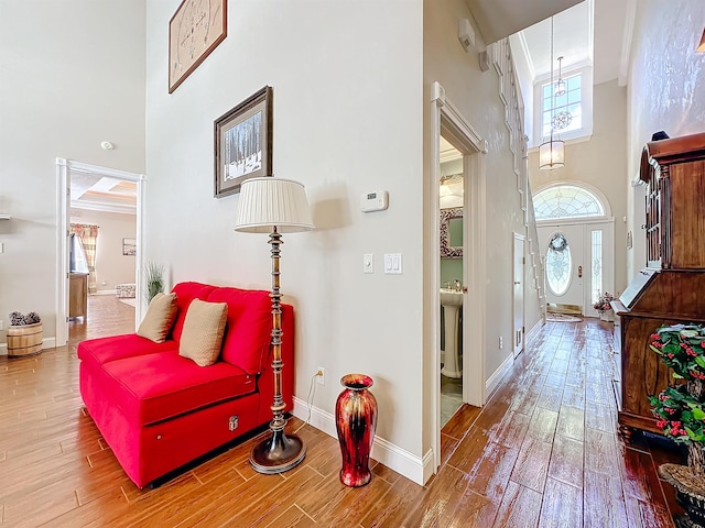 entryway with crown molding, a towering ceiling, and wood-type flooring